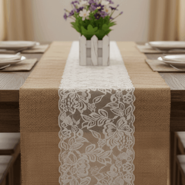 chemin de table toile de jute dentelle